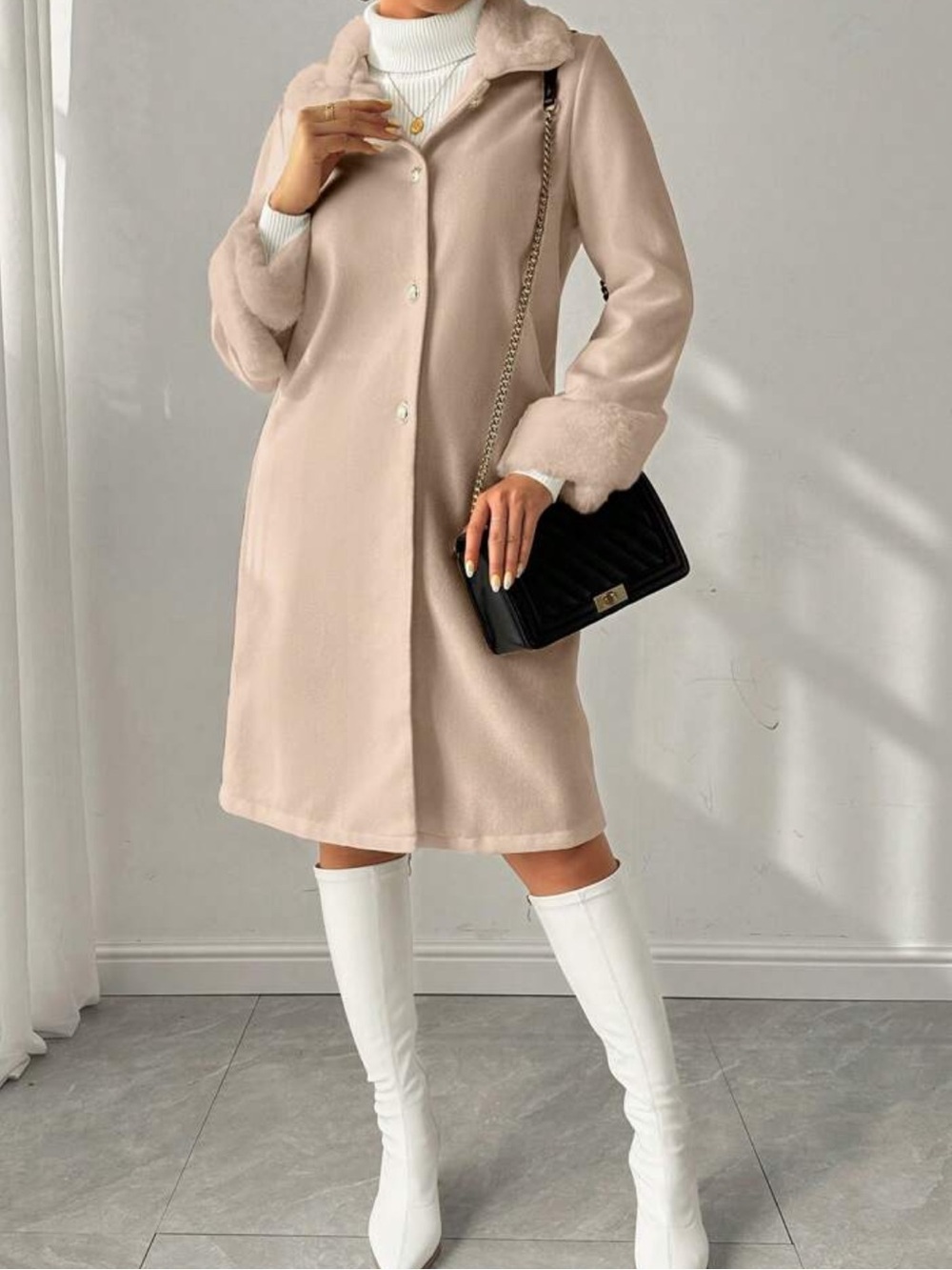 Solid Color Button-Front Long Sleeve Fur Collar Casual Jacket Fall Win